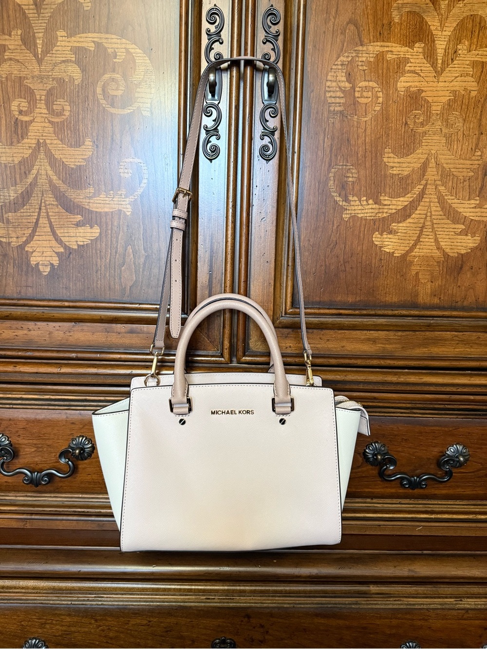 Michael Kors Blush and Cream Leather Satchel with Adjustable Strap
